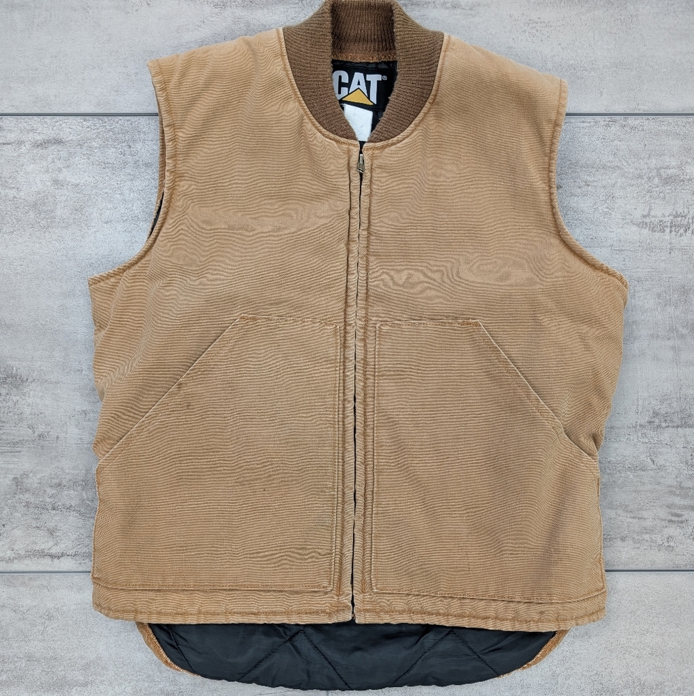 Vintage CAT Tan Canvas Quilted Liner Vest Size Medium Workwear